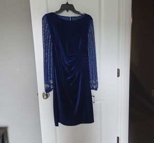 Mariana Deep Blue Velvet Dress with Beaded Sheer Sleeves